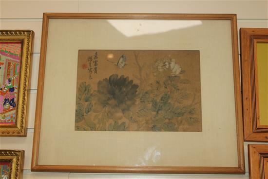 Two Chinese School paintings of insects and flowers on silk, early 20th century, 20 x 31cm, later mounted, framed and glazed